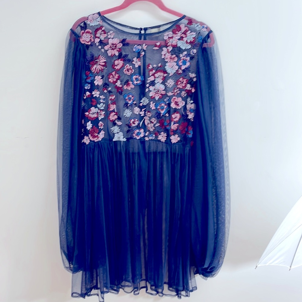 ASOS Navy Blue Mesh Dress with Pink & Red Floral Embroidery